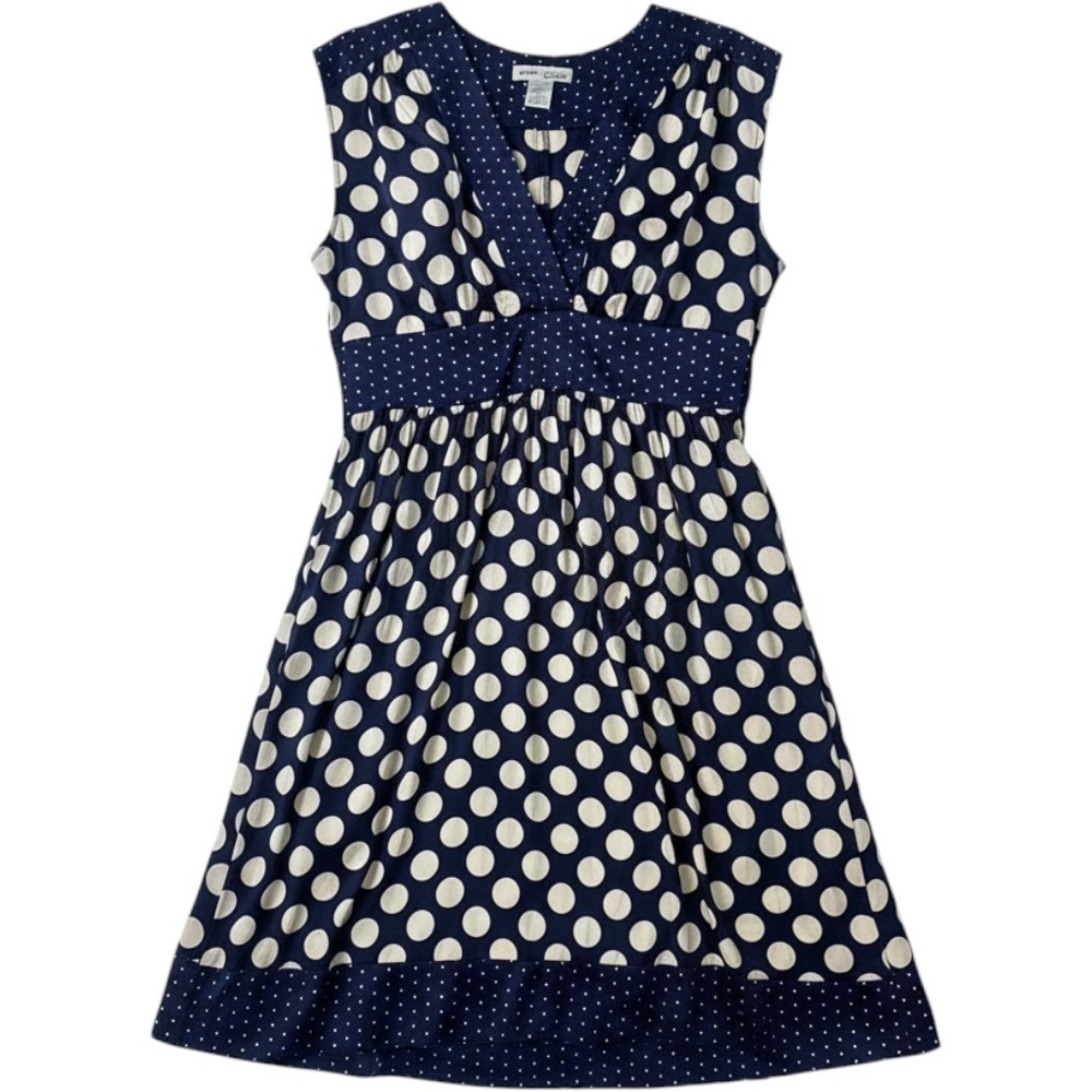 WD-NY Navy Blue Cream Polka Dot 100% Silk Empire Waist V-Neck Dress Size 10